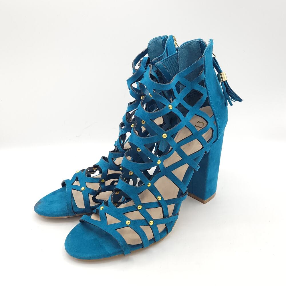 Nicole Miller LUCIE turquoise blue Caged Open Toe Block Heel  women's size 9